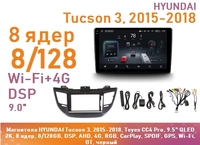Магнитола HYUNDAI Tucson 3, 2015-2018, Teyes CC4 Pro, 9.5" QLED 2K, 8 ядер, 8/128GB, DSP, AHD, 4G, RGB, CarPlay, SPDIF, GPS, Wi-Fi, BT, черный