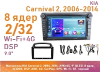 Магнитола KIA Carnival 2, 2006-2014, A9Kv6S, 9" QLED, 8 ядер, 2/32GB, DSP, AHD, 4G, CarPlay, GPS, Wi-Fi, BT, черный