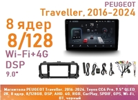 Магнитола PEUGEOT Traveller, 2016-2024, Teyes CC4 Pro, 9.5" QLED 2K, 8 ядер, 8/128GB, DSP, AHD, 4G, RGB, CarPlay, SPDIF, GPS, Wi-Fi, BT, черный