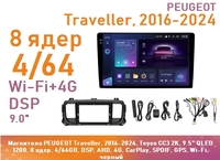 Магнитола PEUGEOT Traveller, 2016-2024, Teyes CC3 2K, 9.5" QLED 1200, 8 ядер, 4/64GB, DSP, AHD, 4G, CarPlay, SPDIF, GPS, Wi-Fi, черный